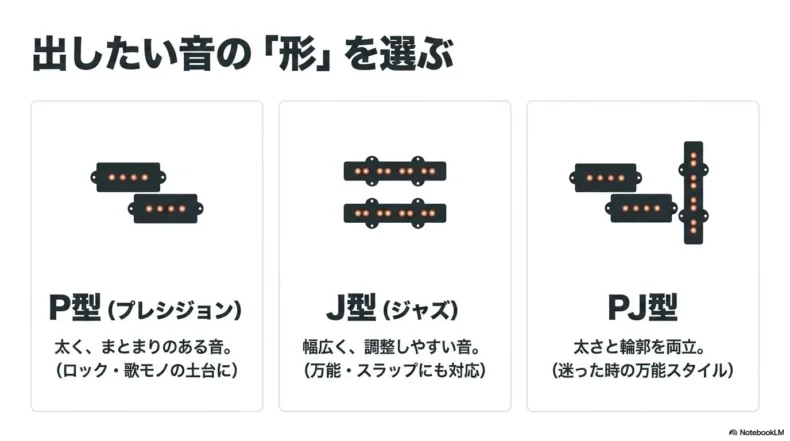 太くまとまりのあるP型、幅広い音を作れるJ型、両方の特徴を持つPJ型ピックアップを比較したスライド