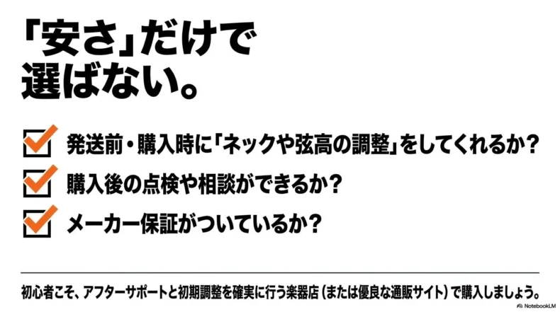 購入時のネックと弦高の調整、購入後の点検相談、メーカー保証の有無を確認するチェックリスト