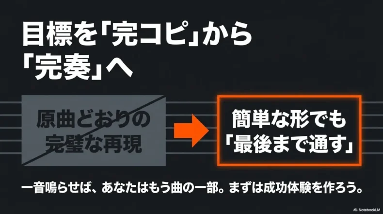 原曲どおりの完全再現ではなく、簡単な形でも最後まで通して成功体験を作る方針を示している