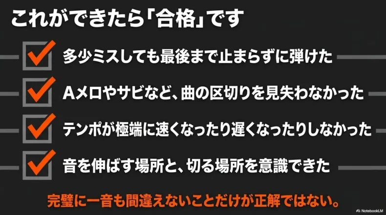 判断する基準
最後まで止まらないこと、曲の区切り、テンポ、音を伸ばす位置と切る位置の四項目を示している
