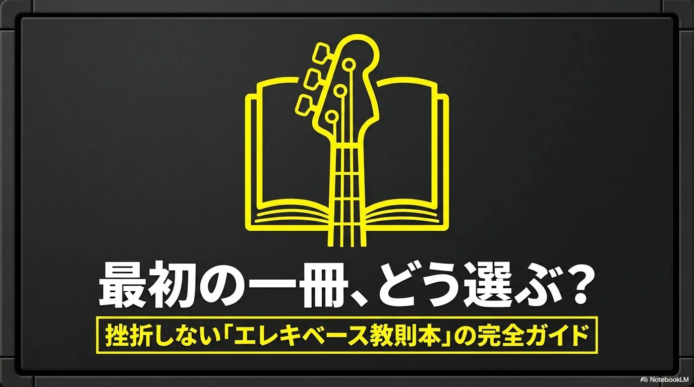 教則本とベースヘッドのアイコンの下に、「最初の一冊、どう選ぶ？」と完全ガイドの見出しが示されている。