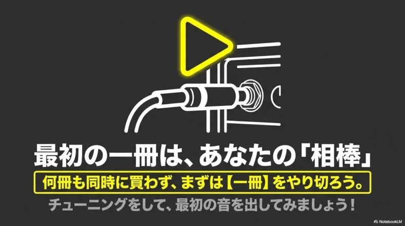 シールド接続と再生アイコンのイラストの下に、何冊も同時に買わず一冊をやり切る流れを示している。
