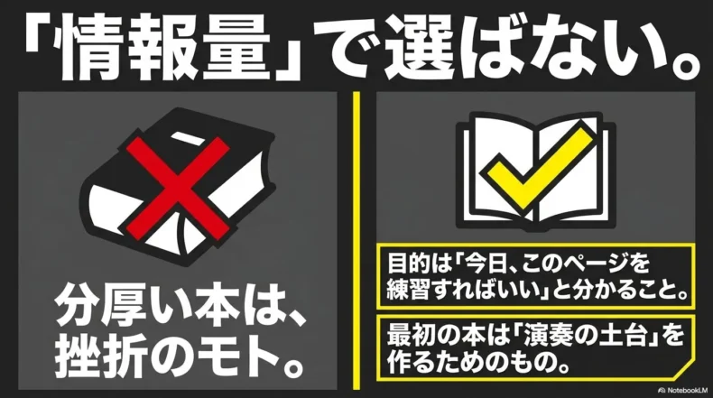 分厚い本に×印、チェック付きの本に○を示し、情報量より練習ページが分かる本を選ぶ考え方を説明している。