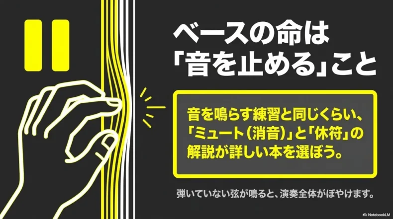 弦を押さえる手のイラストとともに、ミュートと休符の解説が詳しい本を選ぶ重要性を示している。