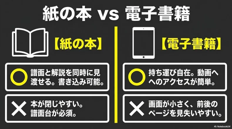 紙の本は譜面と解説を同時に見渡せる一方、電子書籍は持ち運びや動画アクセスが簡単だと比較している。