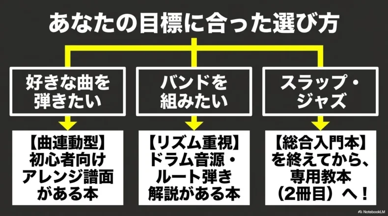 好きな曲、バンド、スラップ・ジャズの三つの目標から、曲連動型、リズム重視、専用教本への選び方を分岐させている。