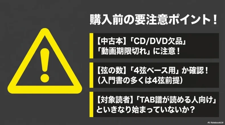 購入前の注意点として、中古本の付属品、4弦ベース用かどうか、TAB譜が読める人向けかを並べている。