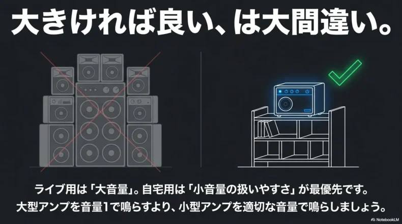 ライブ用の大型アンプと自宅用の小型ベースアンプを比較し、自宅では小音量の扱いやすさを優先する図