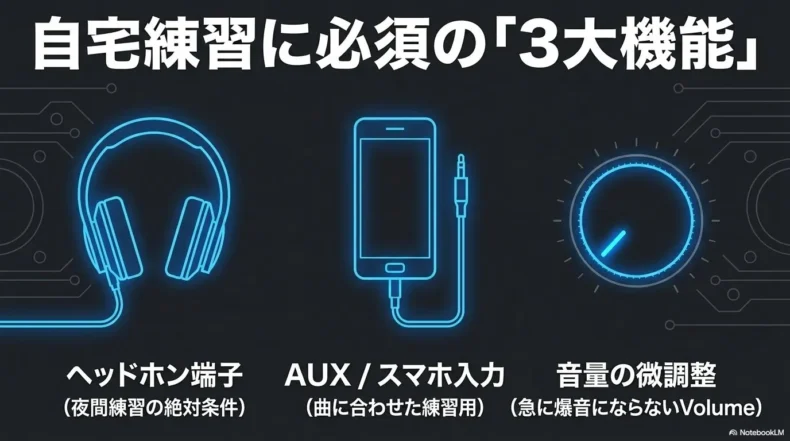 自宅練習に必要なヘッドホン端子、AUX・スマートフォン入力、細かな音量調整を示す図