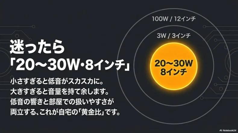 自宅用ベースアンプの目安として20〜30W出力と8インチスピーカーを示す図