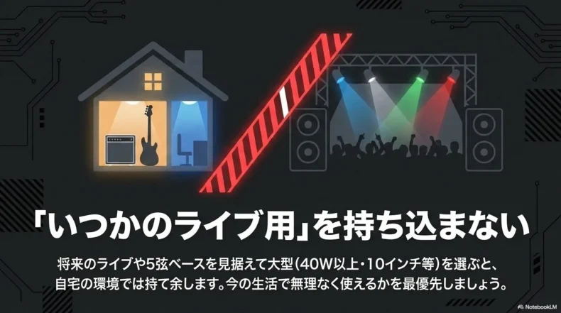 自宅練習とライブ会場を分け、将来のライブだけを理由に大型ベースアンプを選ばないことを示す図