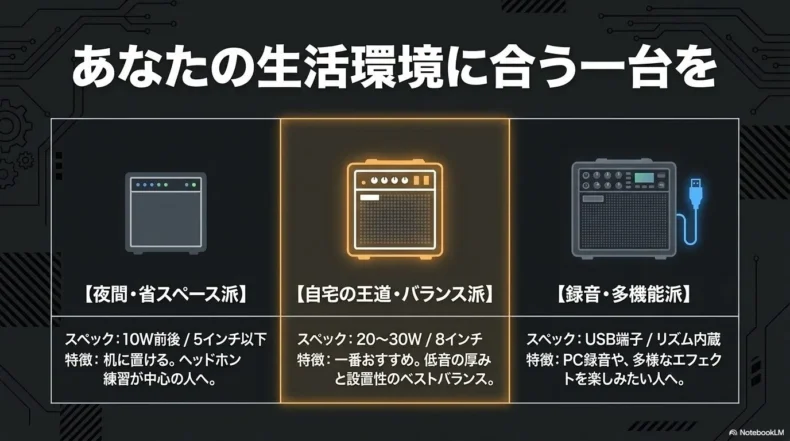 夜間・省スペース向け、20〜30Wの自宅用、USB録音対応の多機能ベースアンプを比較した選び方