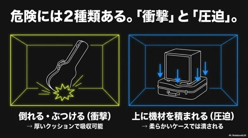 ベースケースに加わる転倒や衝突の衝撃と、荷物による圧迫の違い