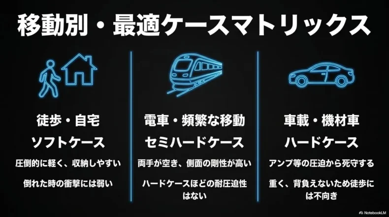 徒歩・電車・車載に適したソフトケース、セミハードケース、ハードケースの比較
