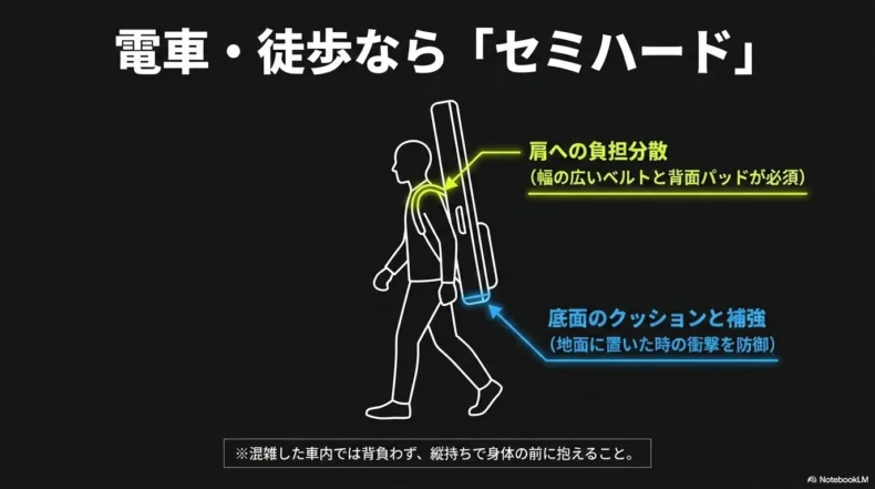 徒歩や電車では肩ベルトと背面パッド、底部補強を備えたケースが適していることを示す図