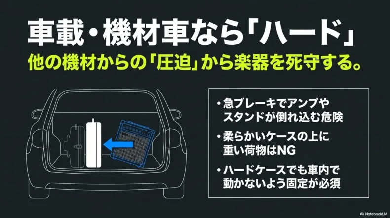 車内でアンプなどの機材からベースを守り、ケースを固定して積む方法