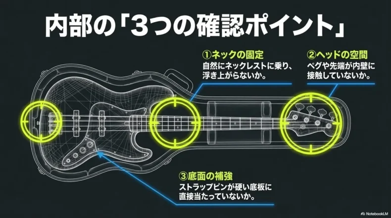 ベースケース内部で確認したいネック固定、ヘッドの空間、底面補強の3項目