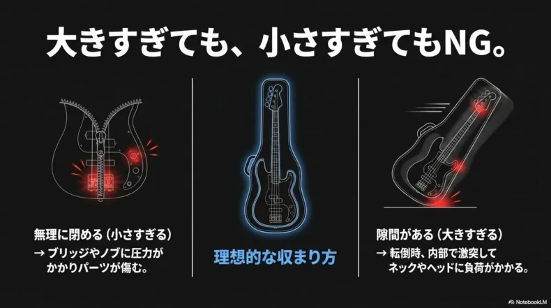 小さすぎるケースによる部品への圧力と、大きすぎるケースによる内部衝突の危険
