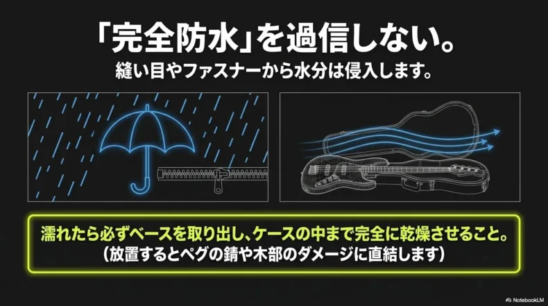 完全防水を過信せず、ぬれたケースからベースを取り出して内部まで乾燥させる必要性