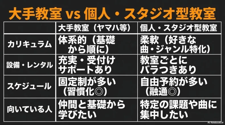 大手教室と個人・スタジオ型教室のカリキュラム、設備、予定、向く人の比較表
