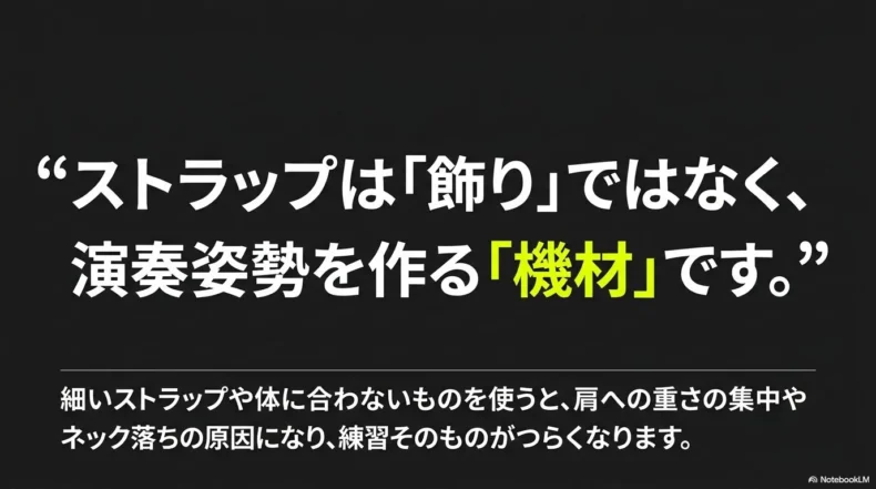 エレキベースのストラップは飾りではなく演奏姿勢を安定させる機材であることを説明したスライド