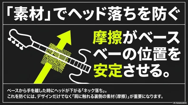 ネック落ちの状態を確認しストラップ裏面の摩擦で安定させる方法を説明したスライド