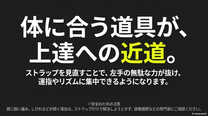 ストラップ購入後に取り付け・長さ・固定状態を順番に確認する手順を説明したスライド