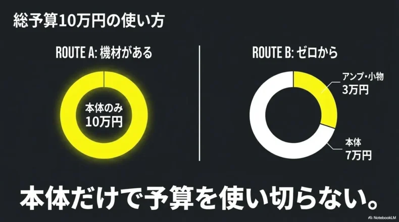 機材を持っている人は本体に10万円、初心者は本体7万円とアンプや小物3万円に分ける予算例を示したスライド