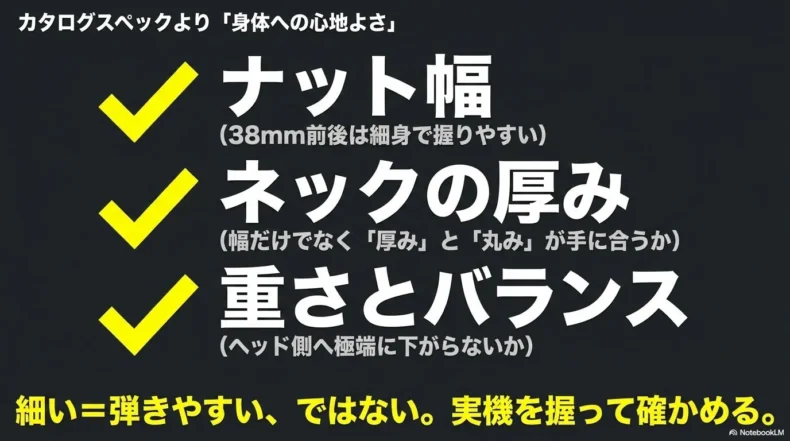 ナット幅、ネックの厚み、本体重量とボディバランスを実機で確認する重要性を説明したスライド 5 <h3>アクティブとパッシブの違い</h3>の直後 アクティブベースとパッシブベースの違い 電池不要で操作がシンプルなパッシブと手元で音域を調整できるアクティブの違いを比較したスライド 6 <h3>ジャズベースとプレベの違い</h3>の直後 ジャズベースとプレシジョンベースの比較 幅広い音を作れるジャズベースと太い中低音でロックを支えやすいプレシジョンベースの違いを比較したスライド 7 <h3>5弦ベースが必要か判断する</h3>の直後 4弦ベースと5弦ベースの選び方 好きな曲に低いB音が必要なら5弦、必要性が不明なら扱いやすく教材も多い4弦を選ぶ判断方法を示したスライド 8 <h2>10万円前後のおすすめモデル</h2>の直後 10万円前後のベースモデル比較マップ フェンダー、ヤマハ、アイバニーズ、サイアー、バッカス、スターリンをクラシックさと多機能性で分類したスライド 9 使用しない － － 10 使用しない － － ファイル名 画像ファイル名は、指定どおり画像番号だけで統一して問題ありません。 1.jpg 2.jpg 3.jpg 4.jpg 5.jpg 6.jpg 7.jpg 8.jpg PNGで保存する場合は、同様に以下で大丈夫です。 1.png 2.png 3.png 4.png 5.png 6.png 7.png 8.png 配置するときの補足 画像1は見出し直後ではなく導入文の後が自然 画像1は記事タイトルと内容がほぼ重なる「表紙スライド」です。そのため、本文途中の見出し直後に入れるより、冒頭の導入文が終わった位置に置くのが最も自然です。 ただし、記事上部にアイキャッチ画像を表示する場合は、画像1まで入れると同じような画像が続きます。その場合は、画像1を省略して画像2から使用しても問題ありません。 画像8はモデル一覧表より前に入れる 画像8は各モデルの細かな順位表ではなく、「シンプルか多機能か」「クラシックかモダンか」を視覚的に整理するスライドです。 そのため、各モデルの説明後ではなく、 <h2>10万円前後のおすすめモデル</h2> の直後、モデル比較表より前に入れるのが適しています。読者が全体の位置関係を理解してから、個別モデルを読める流れになります。 購入時の注意点に対応するスライドはない 記事後半の以下の内容に直接対応するスライドは、今回のPDFにはありません。 <h2>購入前に確認したい注意点</h2> <h3>試奏と講師の意見を活用する</h3> <h3>中古品は保証と調整を確認する</h3> 画像4には「実機を握って確かめる」という要素がありますが、すでに基本仕様のセクションで使うほうが内容との一致度が高いため、同じ画像を購入時の注意点でも重複使用する必要はありません。