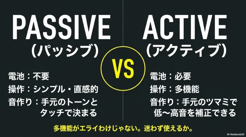 電池不要で操作がシンプルなパッシブと手元で音域を調整できるアクティブの違いを比較したスライド