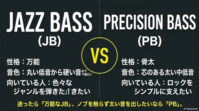 幅広い音を作れるジャズベースと太い中低音でロックを支えやすいプレシジョンベースの違いを比較したスライド