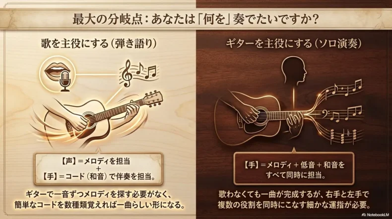 歌を主役にする弾き語りとギターを主役にするソロギターの違い