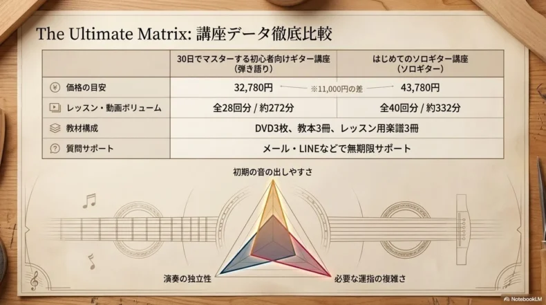 弾き語り講座とソロギター講座の価格、レッスン数、動画時間、教材構成を比較