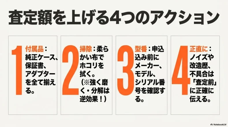 付属品をそろえる、柔らかい布で掃除する、型番やシリアル番号を確認する、不具合や改造歴を正確に伝えるという4つの準備