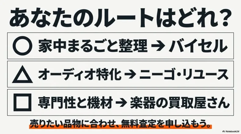 家中の品物を整理するならバイセル、オーディオを売るならニーゴ・リユース、楽器の専門性を重視するなら楽器の買取屋さんという結論