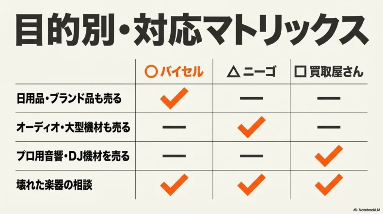 バイセル、ニーゴ・リユース、楽器の買取屋さんについて日用品、オーディオ、音響機材、壊れた楽器への対応を比較した表