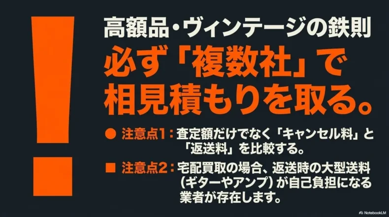 高額品やヴィンテージ楽器は複数社で相見積もりを取り、キャンセル料と宅配返送料も比較するという注意点