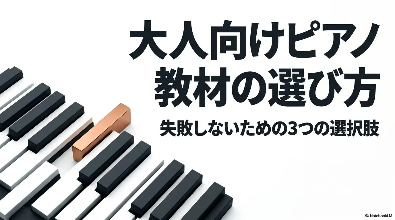 大人向けピアノ教材の選び方と失敗しないための3つの選択肢を紹介するスライド