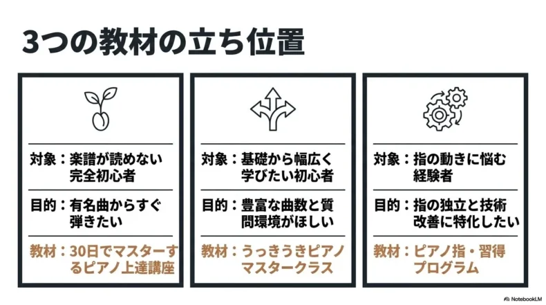 完全初心者向け、幅広く学びたい初心者向け、指の動きに悩む経験者向けの3つのピアノ教材を比較したスライド