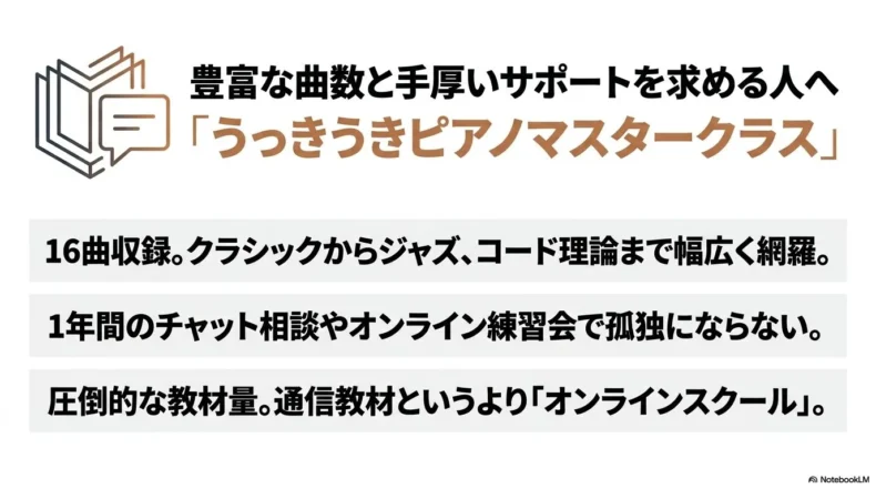 16曲の収録曲と音楽理論、1年間の相談環境を備えたうっきうきピアノマスタークラスの特徴を紹介するスライド