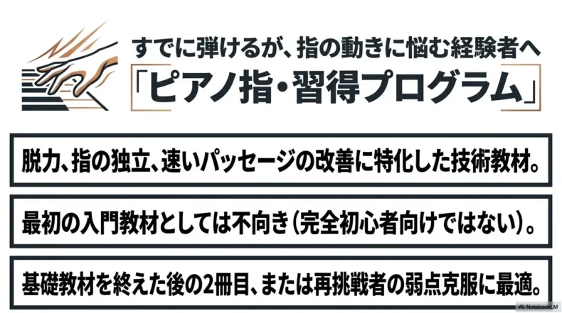 指の独立や脱力、速いパッセージの改善を目的とした経験者向けピアノ教材を紹介するスライド