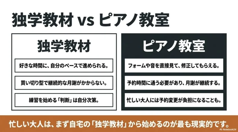 好きな時間に進められる独学教材と直接指導を受けられるピアノ教室の違いを比較したスライド