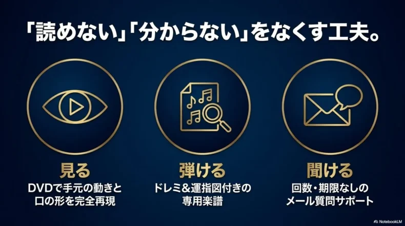 DVDで手元と口の形を見て、ドレミと運指図付き楽譜で練習し、メールで質問できる学習方法
