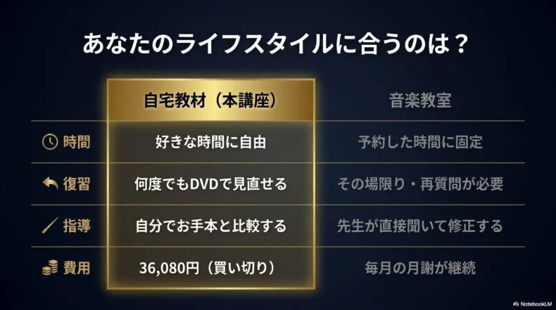 好きな時間に何度でも復習できる買い切りの自宅教材と、先生が直接指導する月謝制の音楽教室の比較