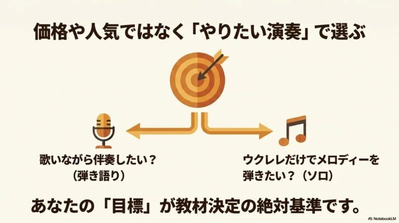 弾き語りとソロ演奏のどちらを目標にするかでウクレレ教材を選ぶ考え方
