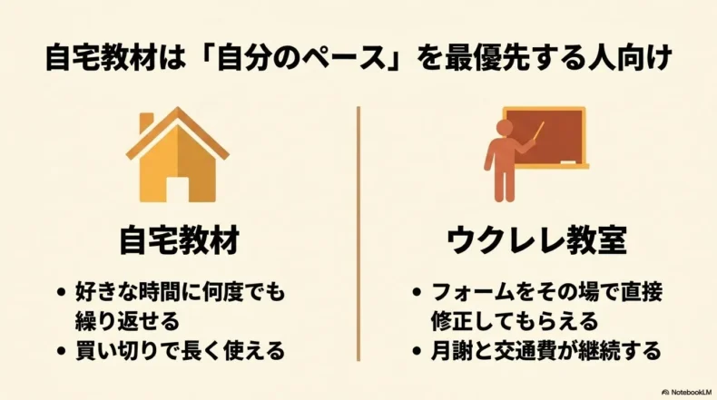 好きな時間に繰り返せる自宅教材と直接フォームを直してもらえるウクレレ教室の比較