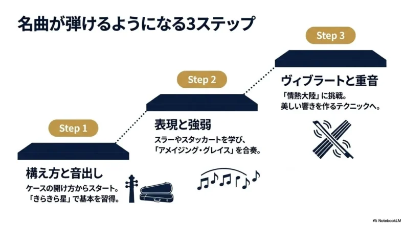構え方と音出し、表現と強弱、ヴィブラートと重音へ進むヴァイオリン講座の3段階