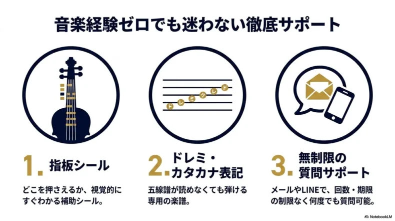 指板シール、ドレミとカタカナ表記、メールやLINEの質問対応を示した初心者向けサポート