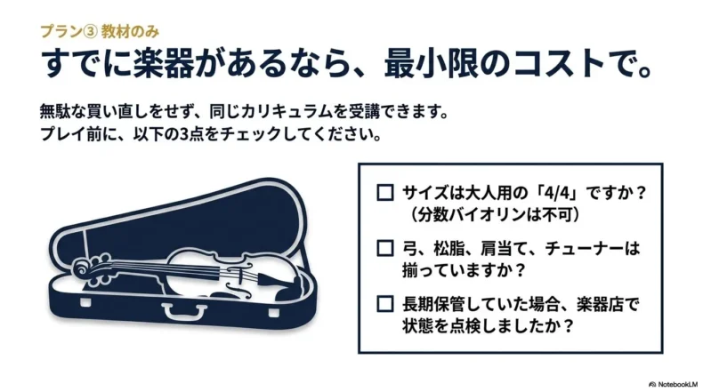 手持ちの4分の4サイズのヴァイオリン、弓や松脂などの付属品、楽器の状態を確認するチェック項目