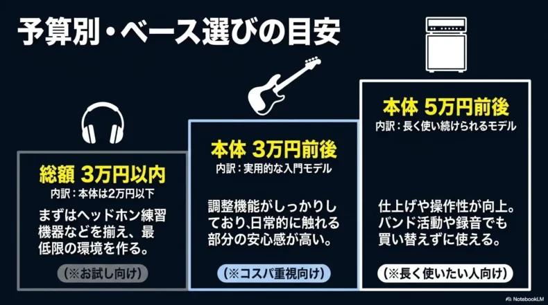 総額3万円以内、本体3万円前後、本体5万円前後の予算別に選び方の目安を比較したスライド